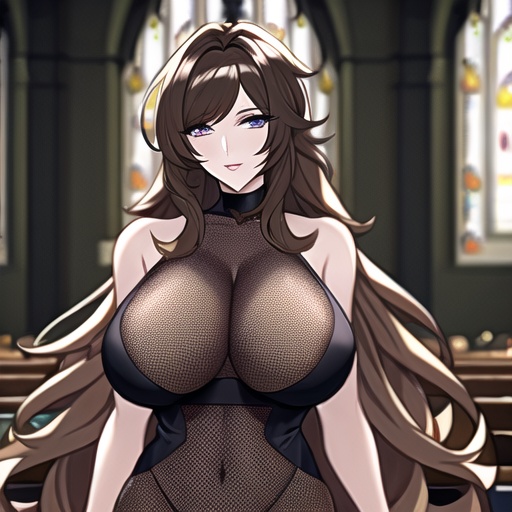 fishnet woman brunette church messy hair long hair 