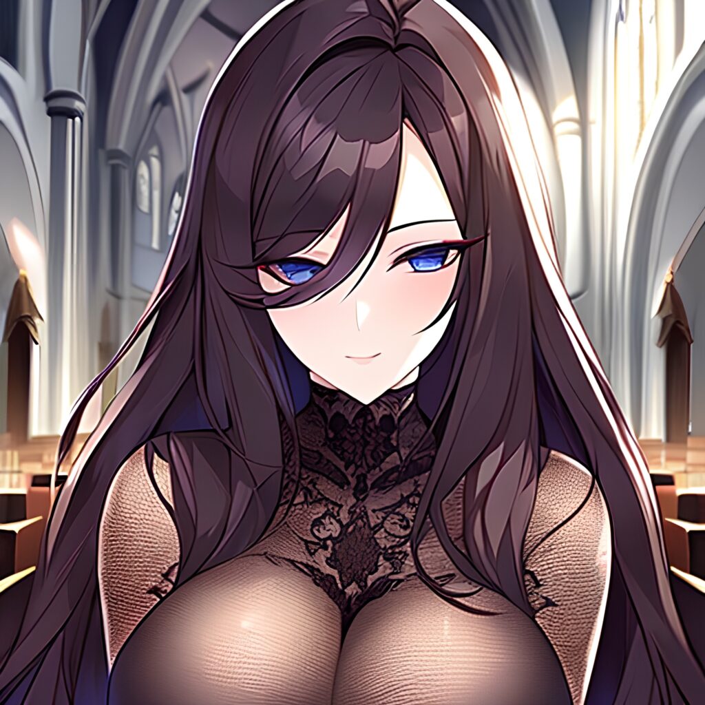 fishnet woman brunette church messy hair long hair 