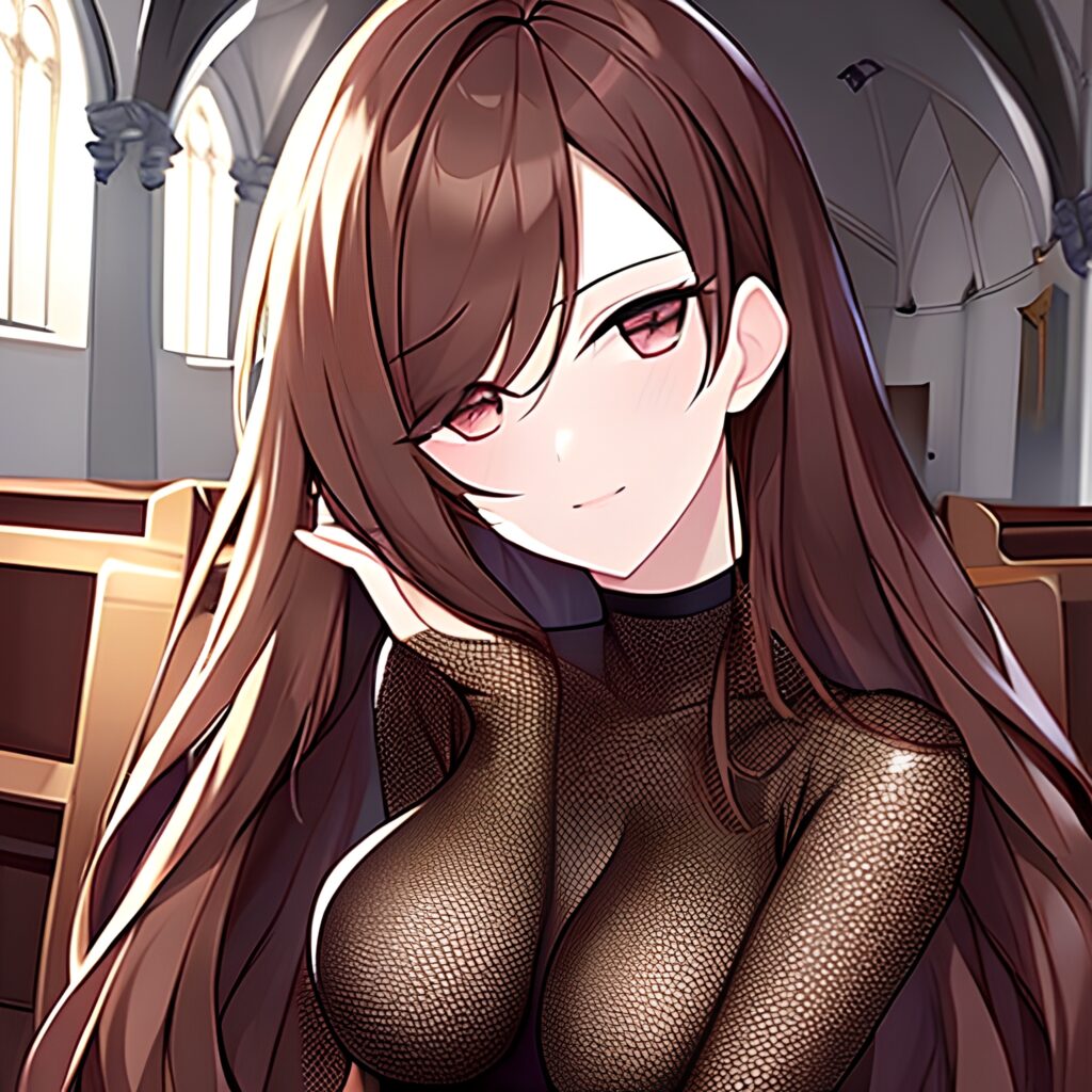 fishnet woman brunette church messy hair long hair 