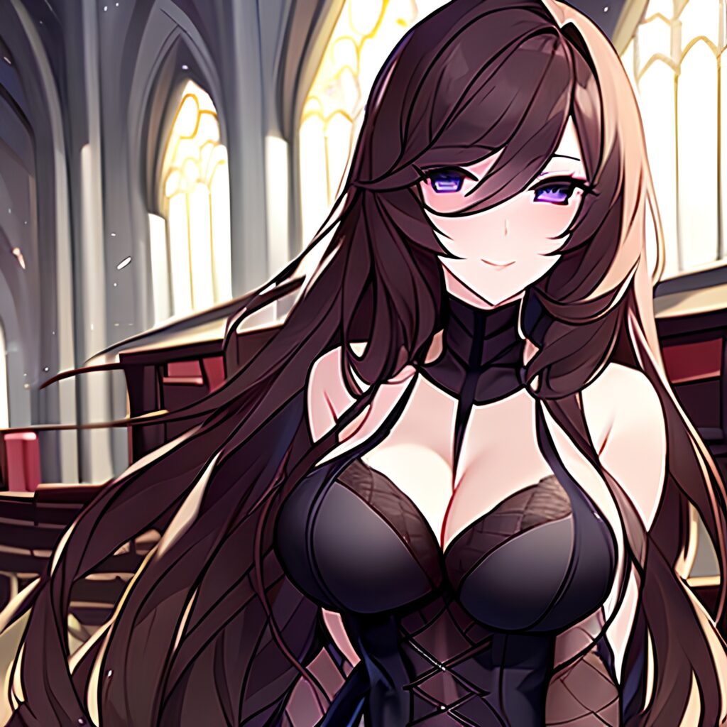 fishnet woman brunette church messy hair long hair 