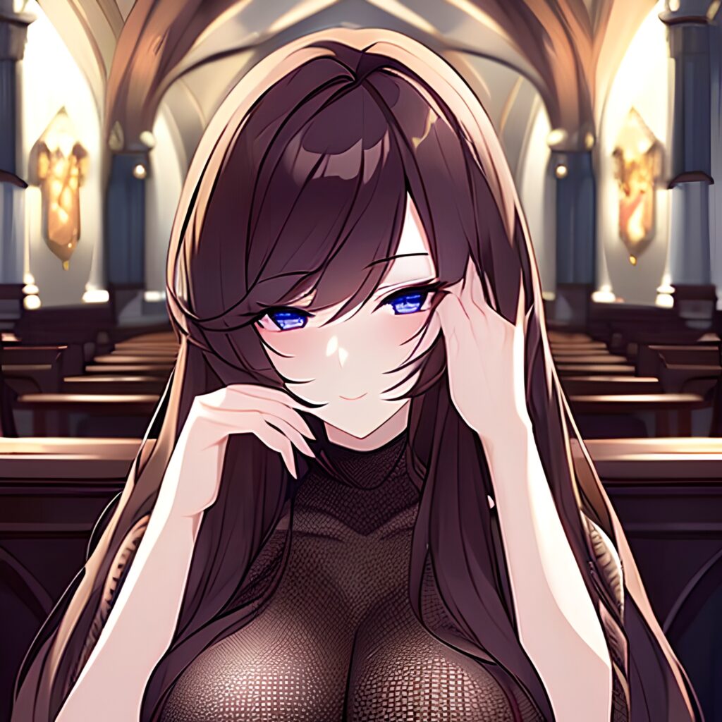 fishnet woman brunette church messy hair long hair 