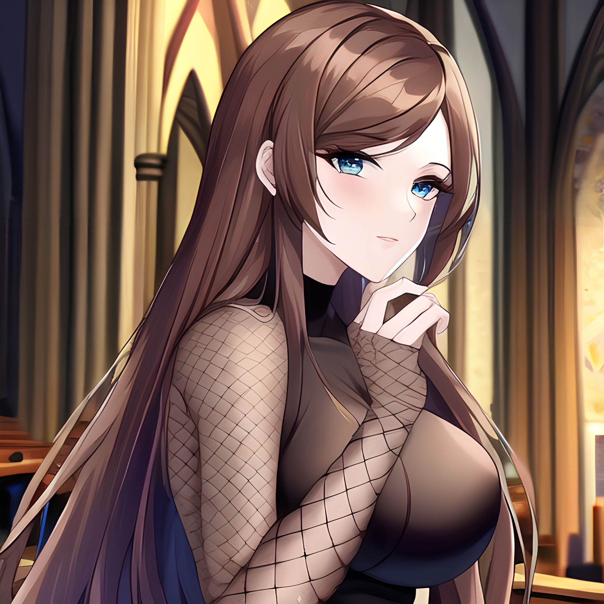 fishnet woman brunette long hair church messy hair 
