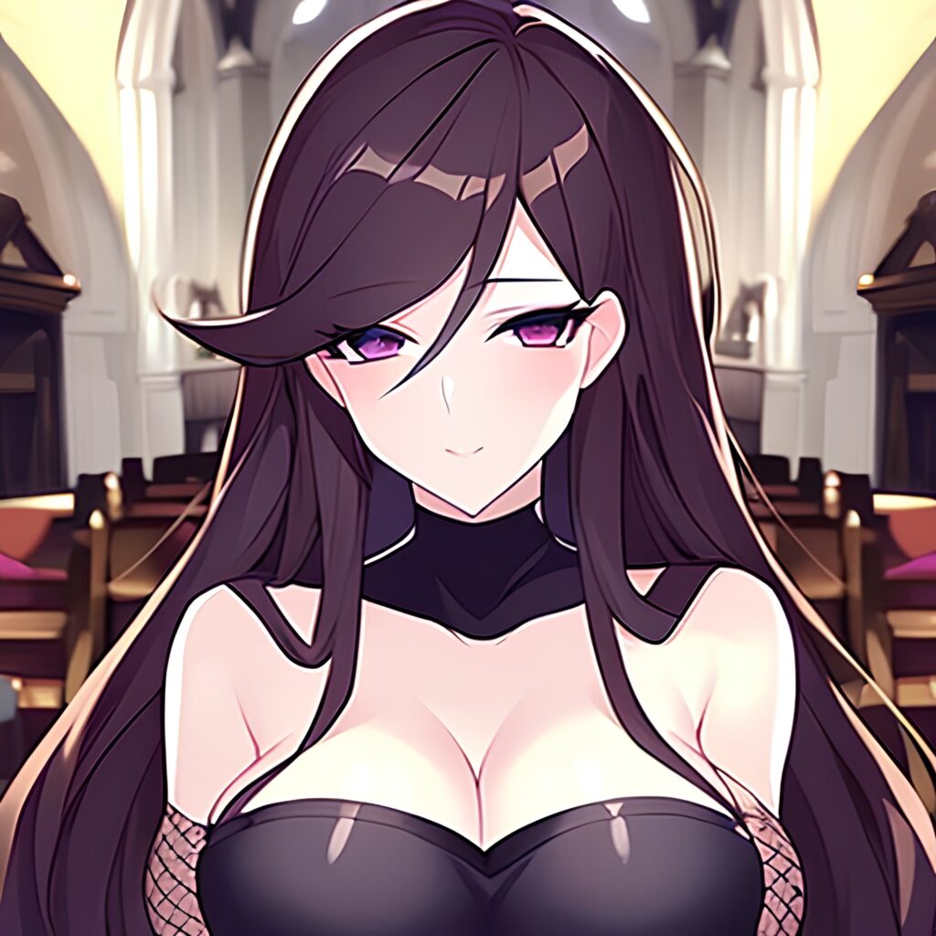 fishnet woman brunette long hair church messy hair 