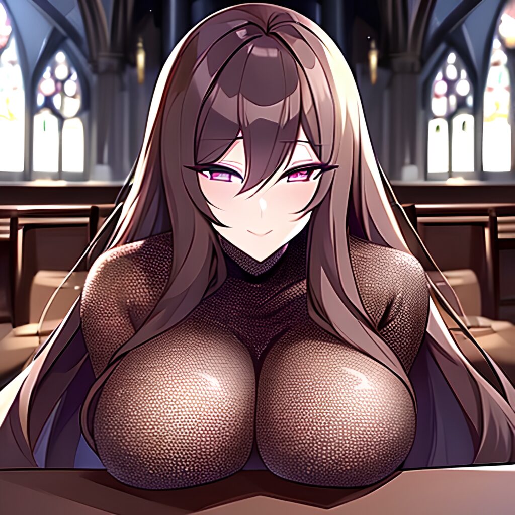 fishnet woman brunette long hair church messy hair 