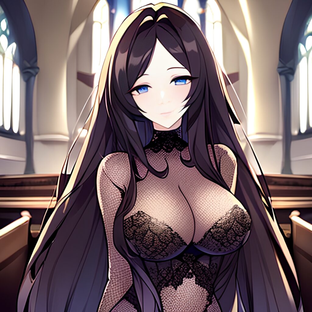 fishnet woman brunette long hair messy hair church 