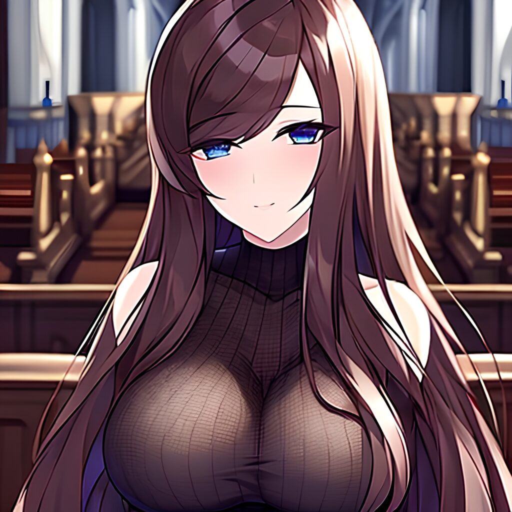 fishnet woman brunette long hair messy hair church 