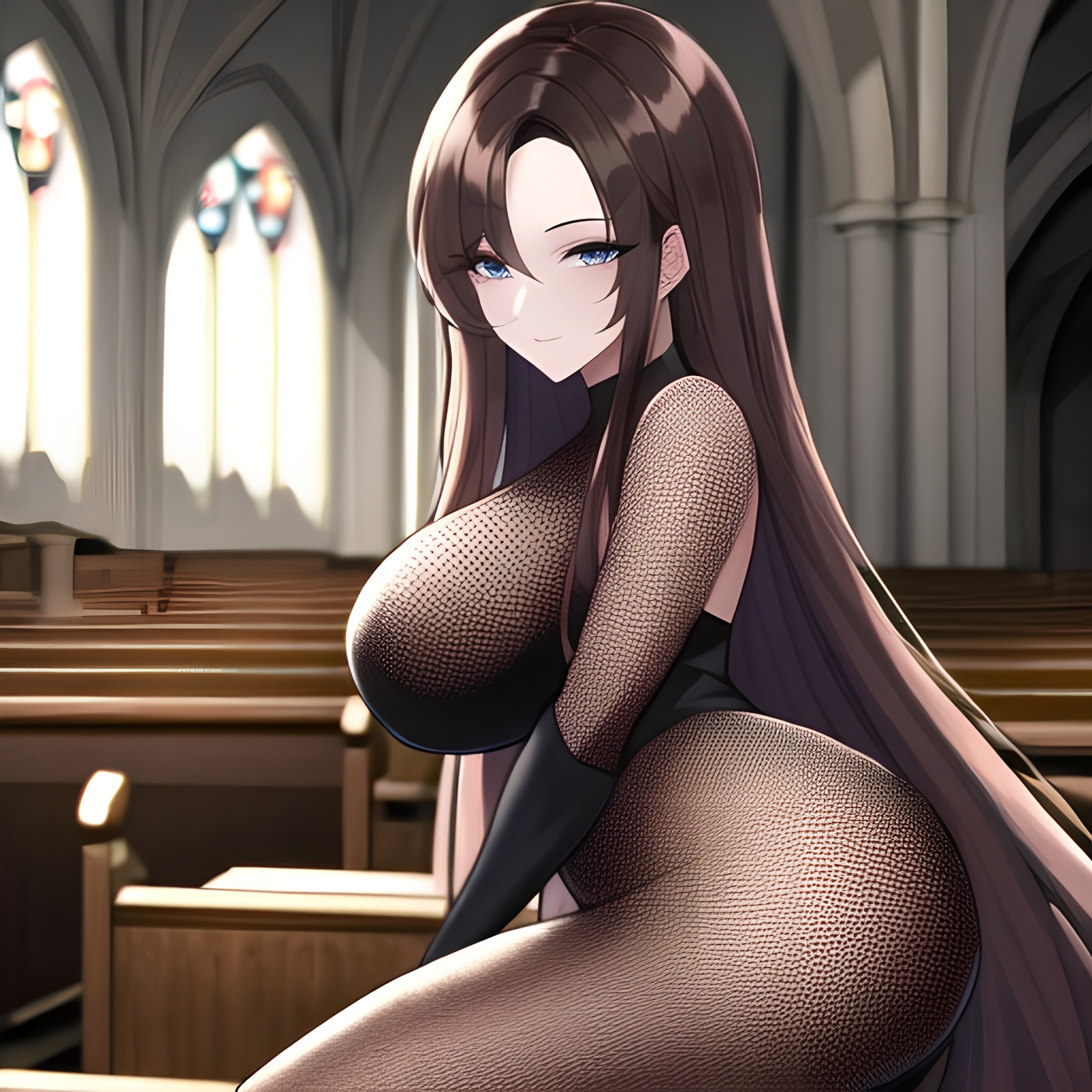 fishnet woman brunette long hair messy hair church 