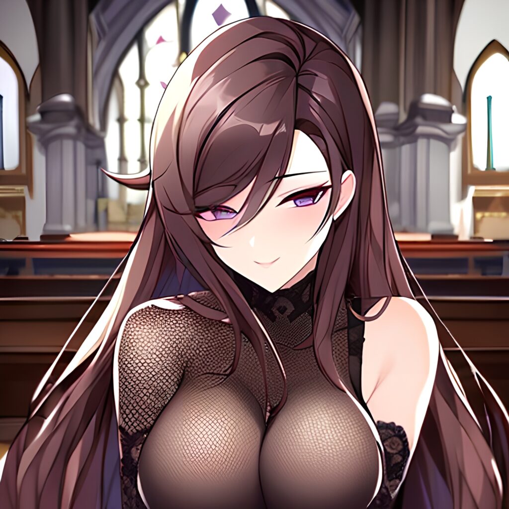 fishnet woman brunette long hair messy hair church