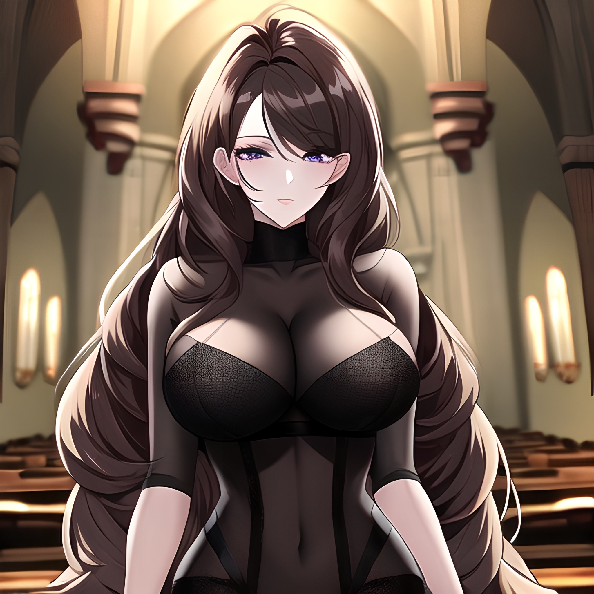 fishnet woman brunette long hair messy hair church 