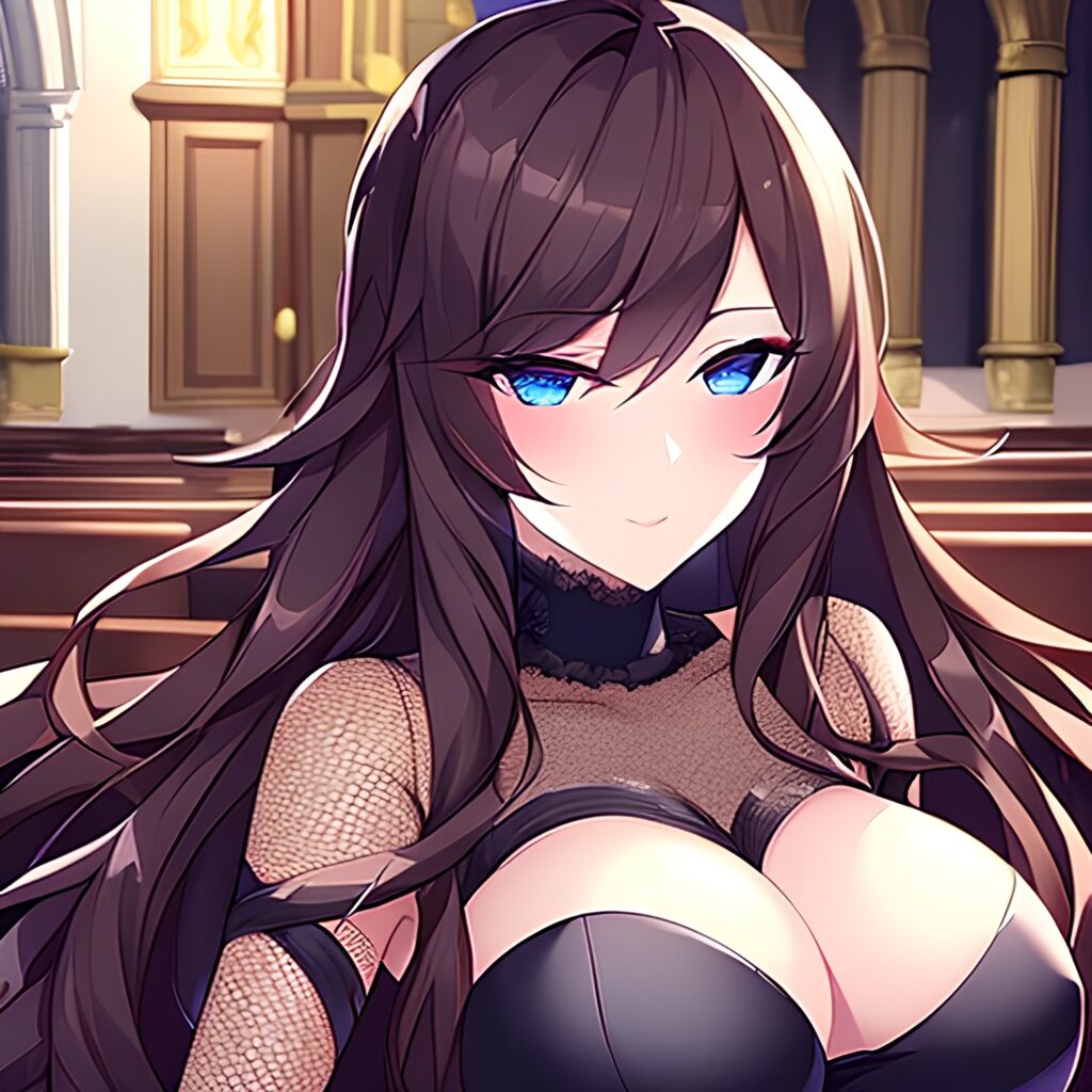 fishnet woman brunette messy hair church long hair 