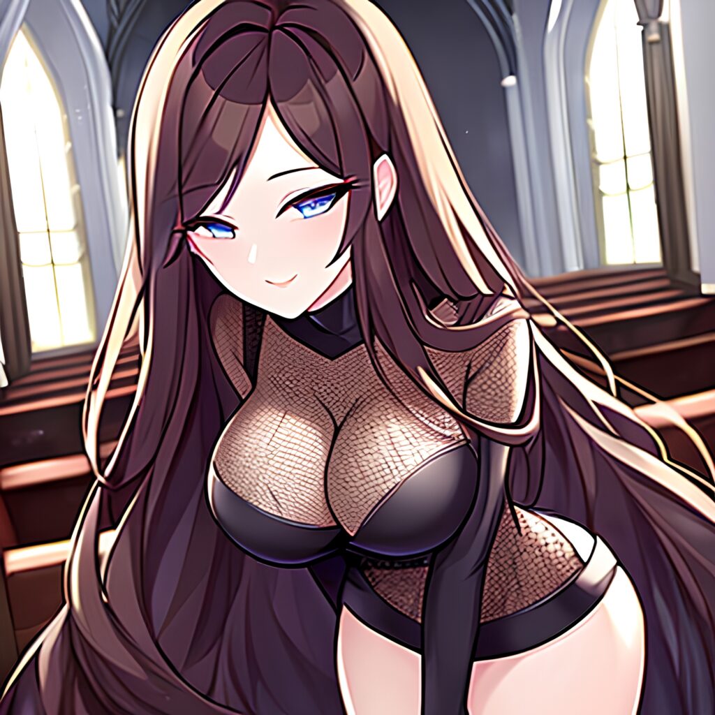 fishnet woman brunette messy hair church long hair 