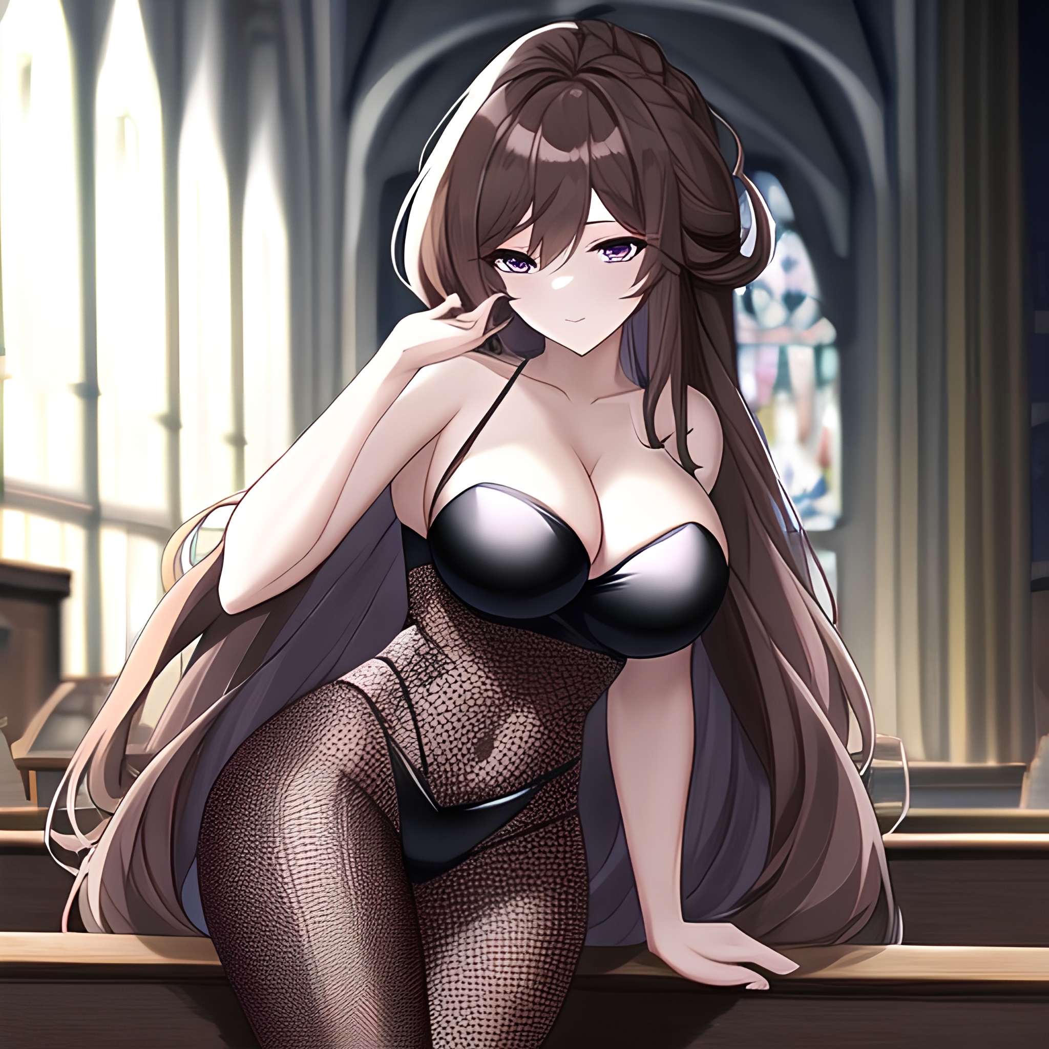 fishnet woman brunette messy hair church long hair 