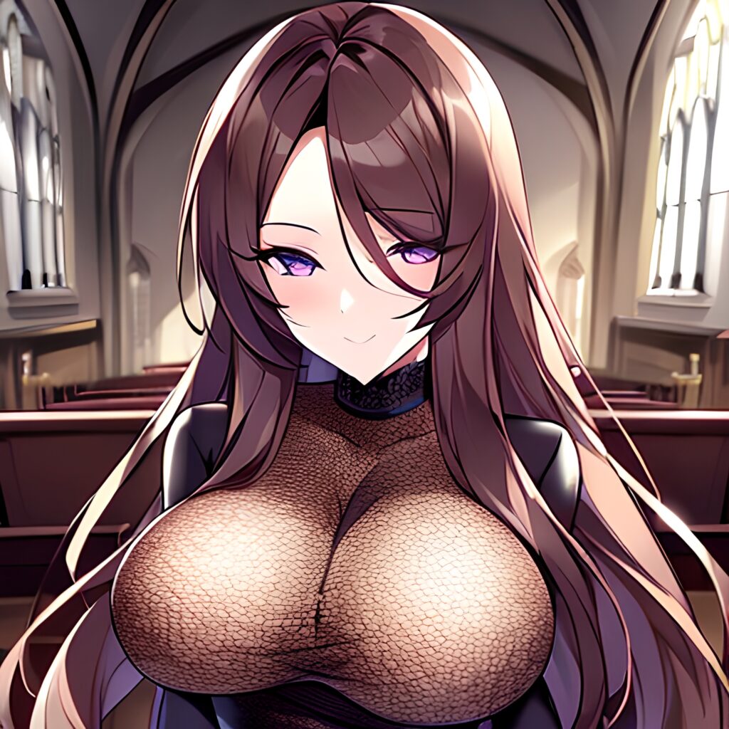 fishnet woman brunette messy hair long hair church 