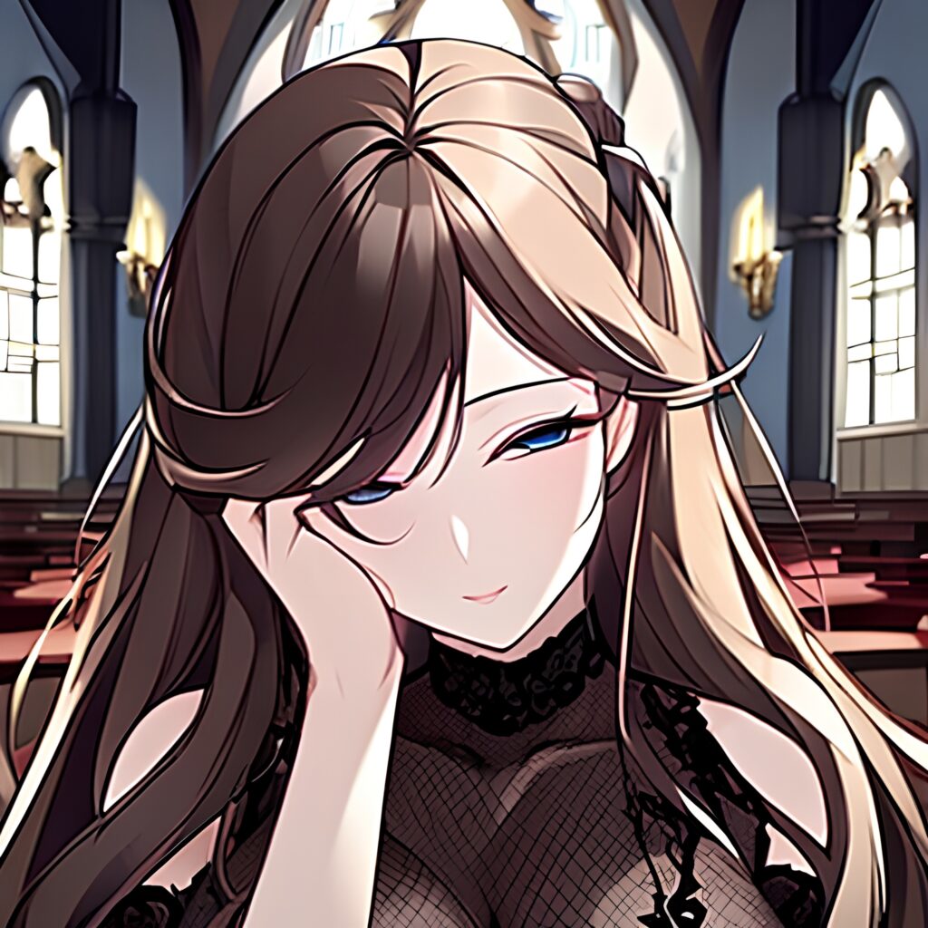 fishnet woman brunette messy hair long hair church 