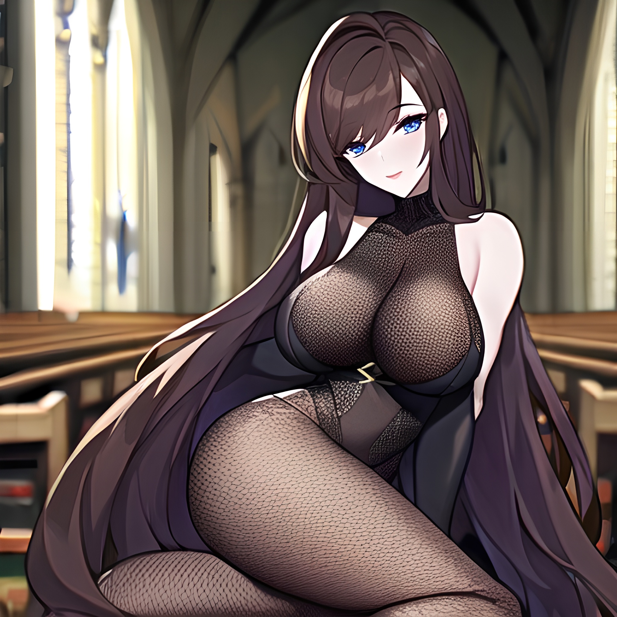 fishnet woman brunette messy hair long hair church 