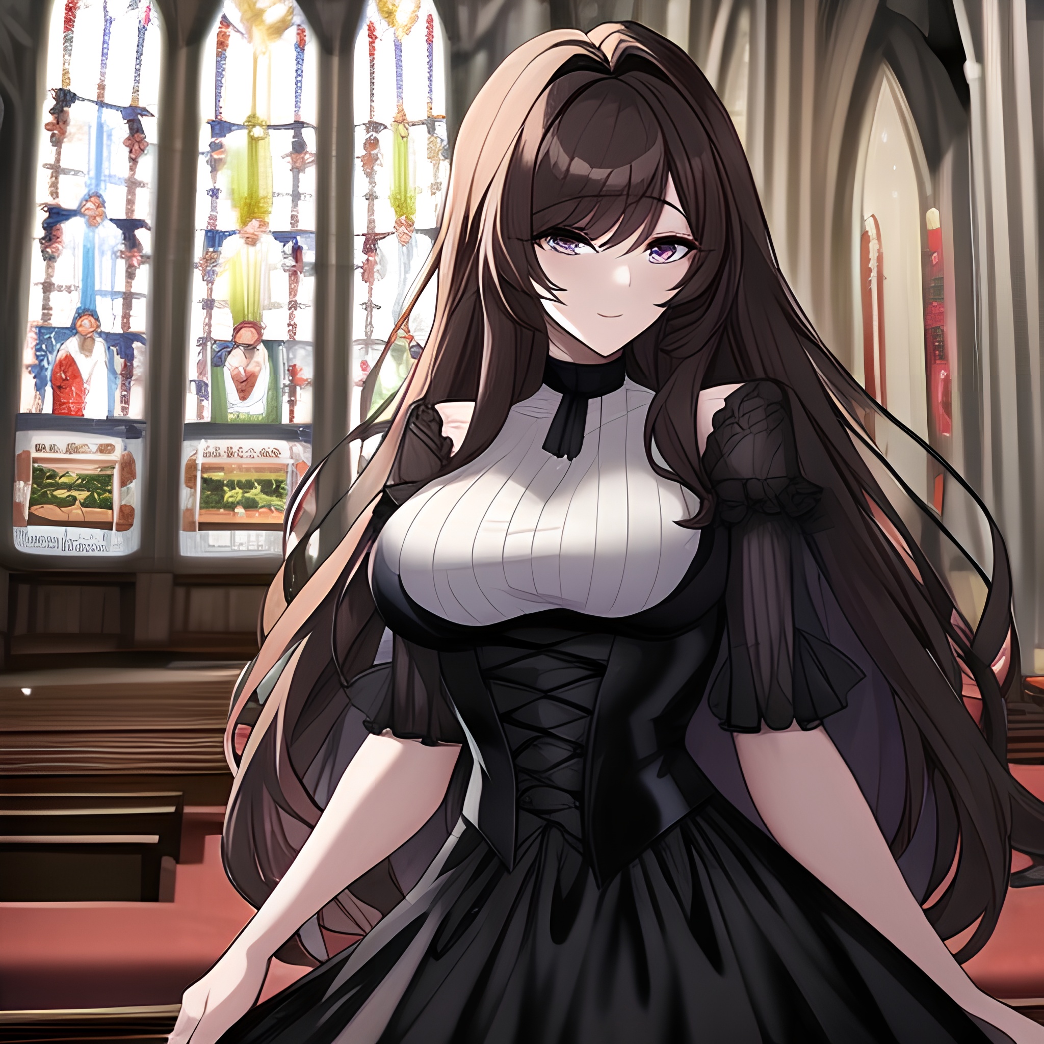 fishnet woman brunette messy hair long hair church 