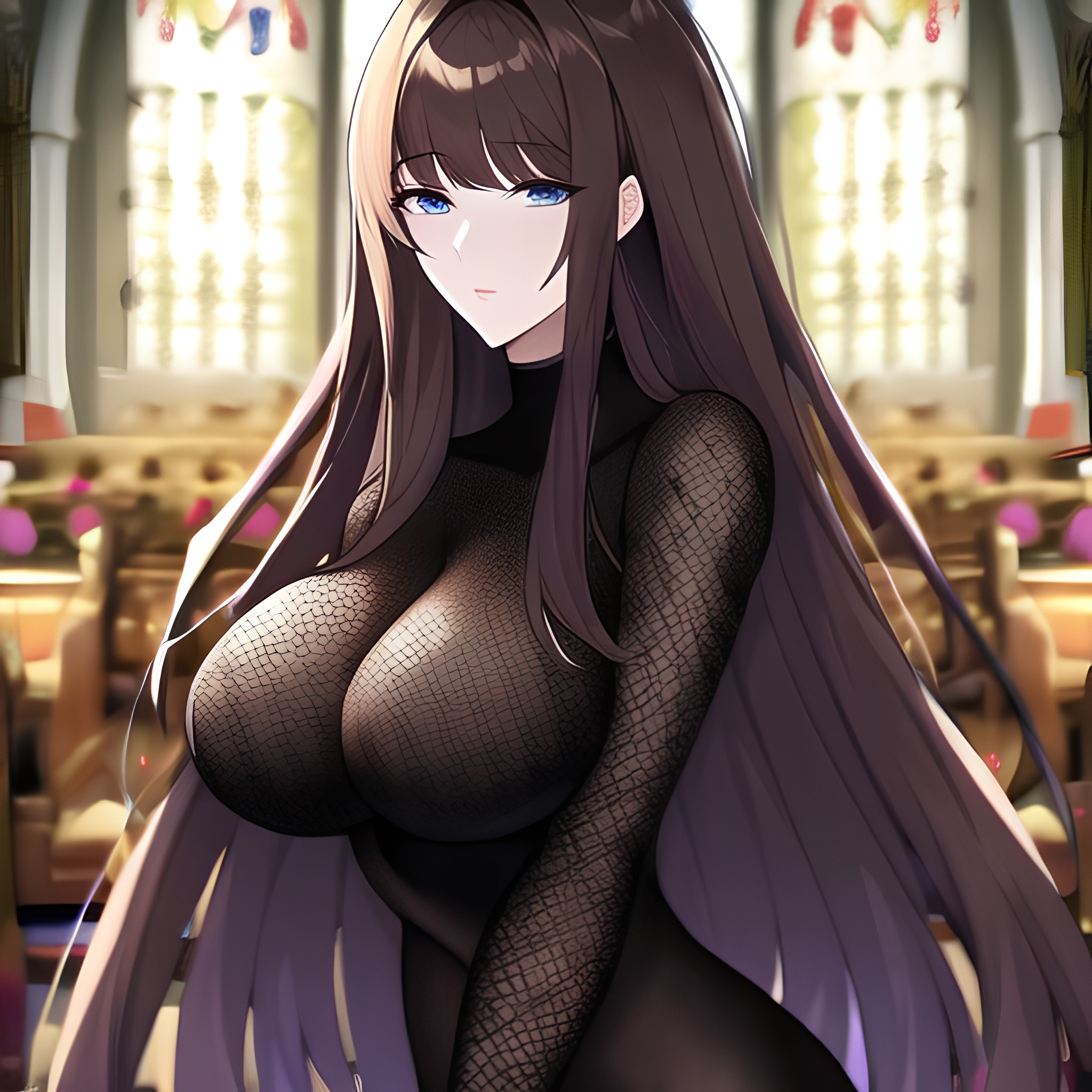 fishnet woman brunette messy hair long hair church