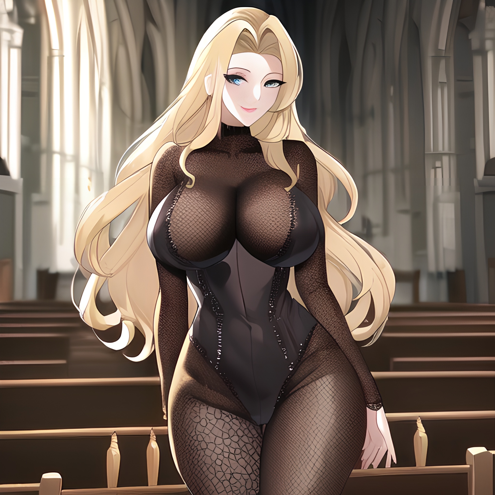 fishnet woman church blonde front view small boobs long hair nude 