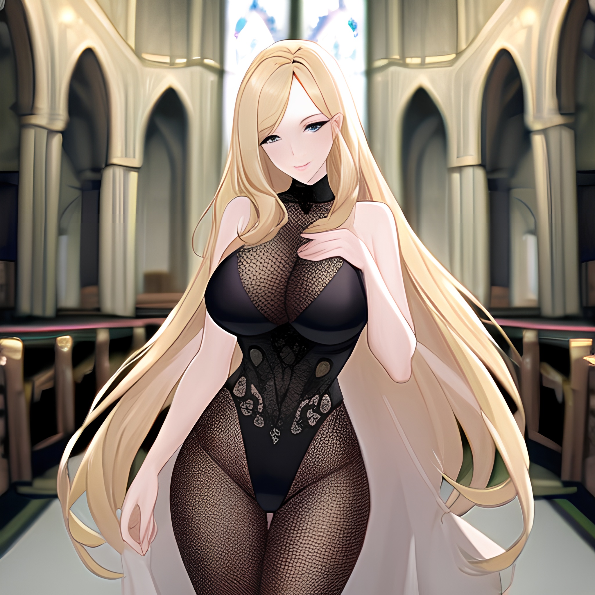 fishnet woman church blonde long hair 