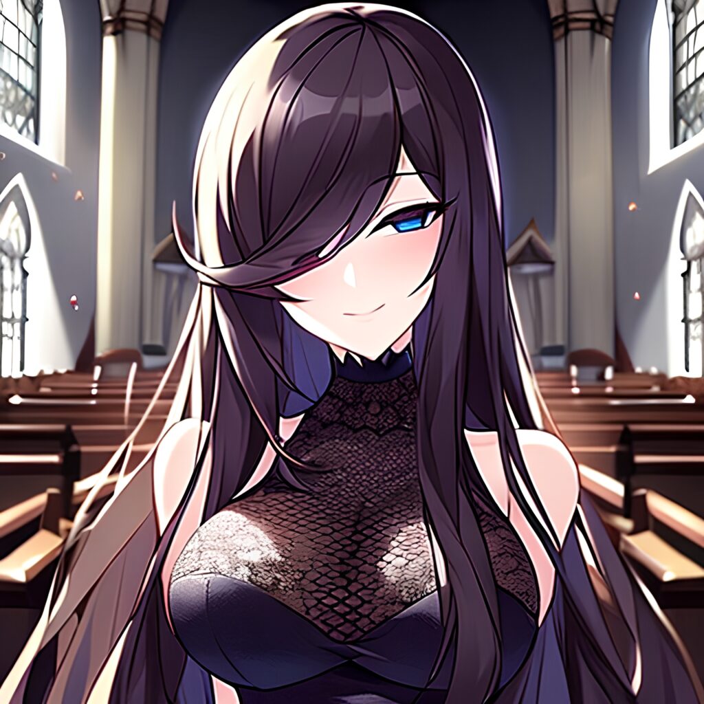 fishnet woman church brunette long hair messy hair 