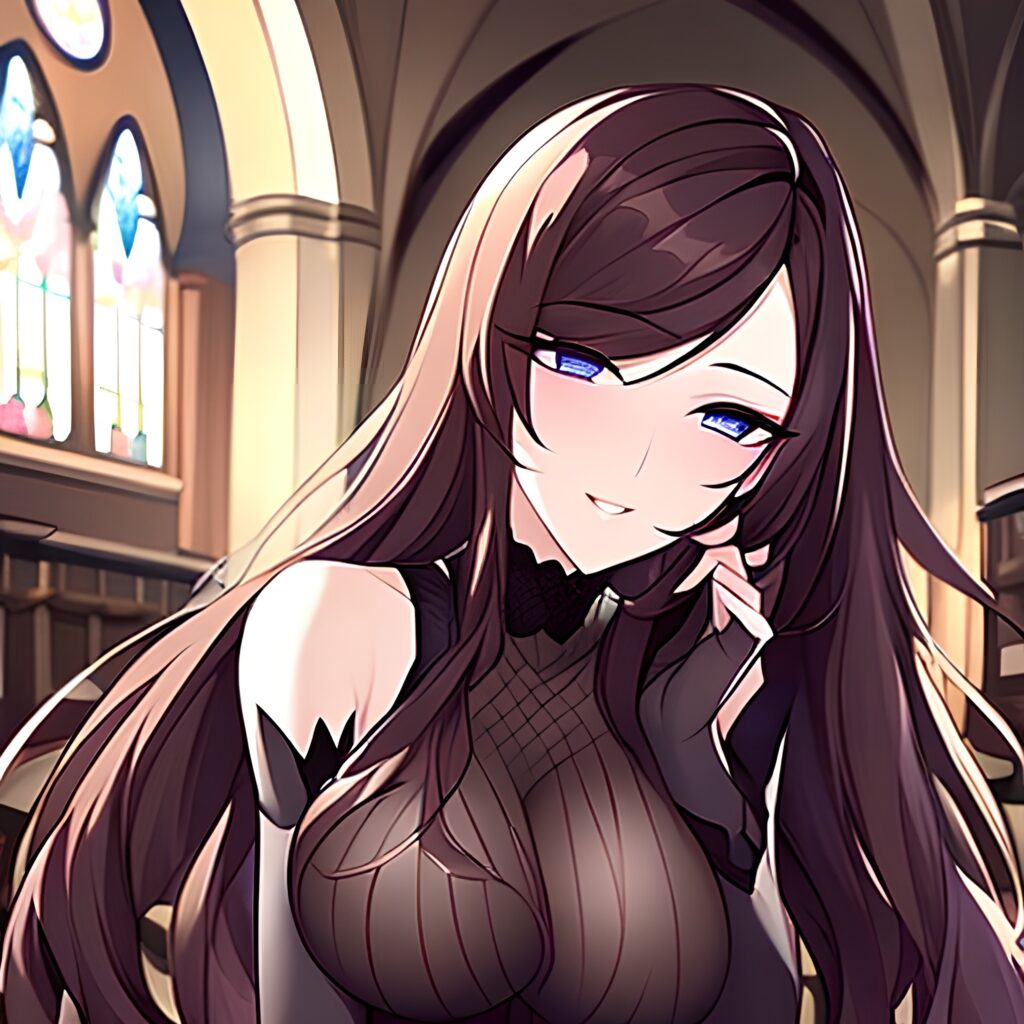 fishnet woman church brunette long hair messy hair 