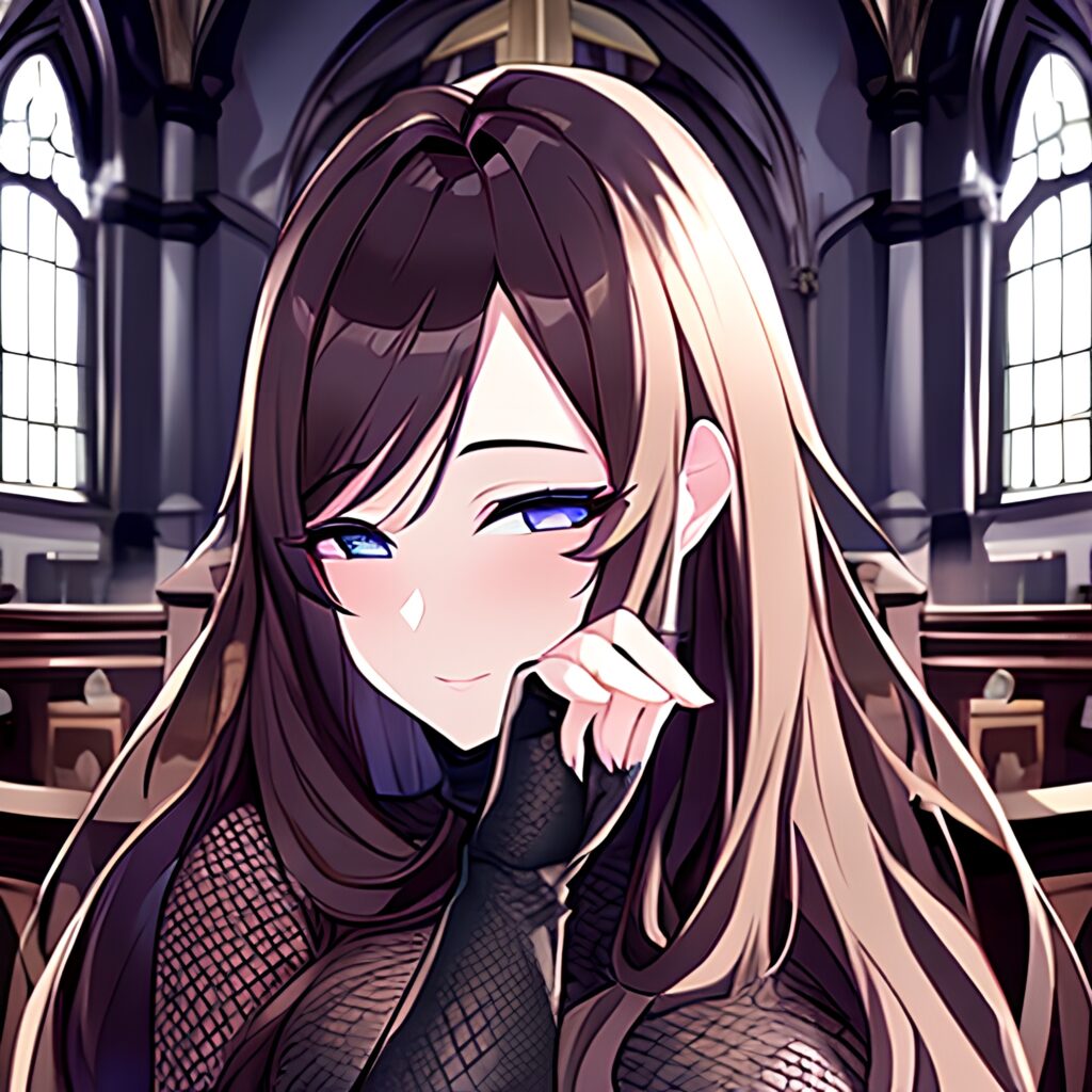 fishnet woman church brunette long hair messy hair 