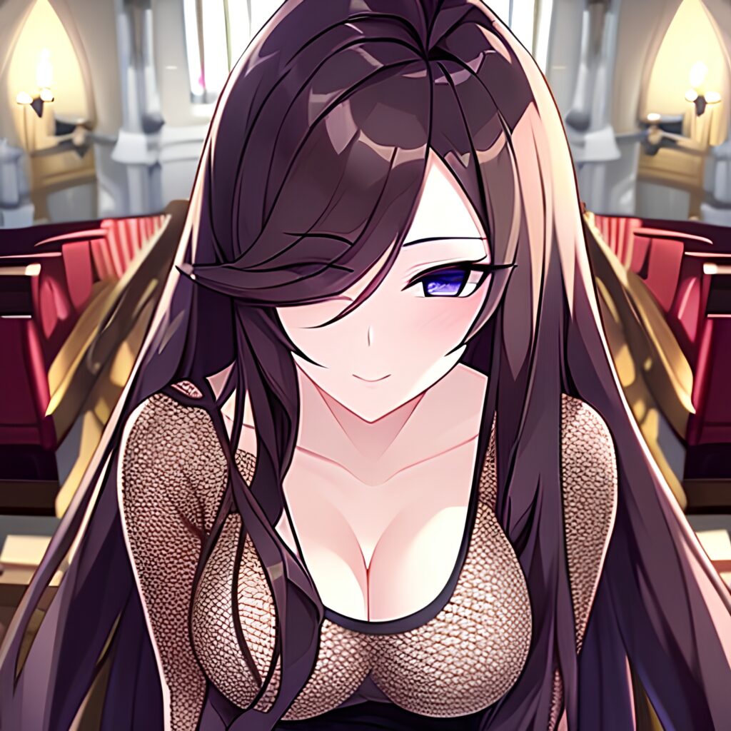 fishnet woman church brunette messy hair long hair 