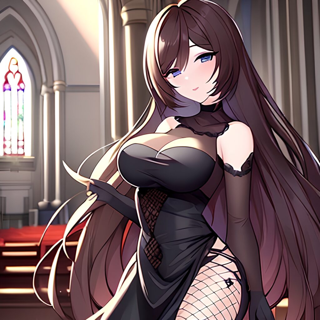 fishnet woman church brunette messy hair long hair 