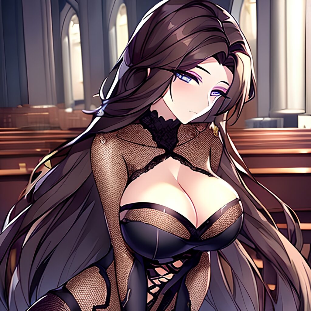 fishnet woman church brunette messy hair long hair
