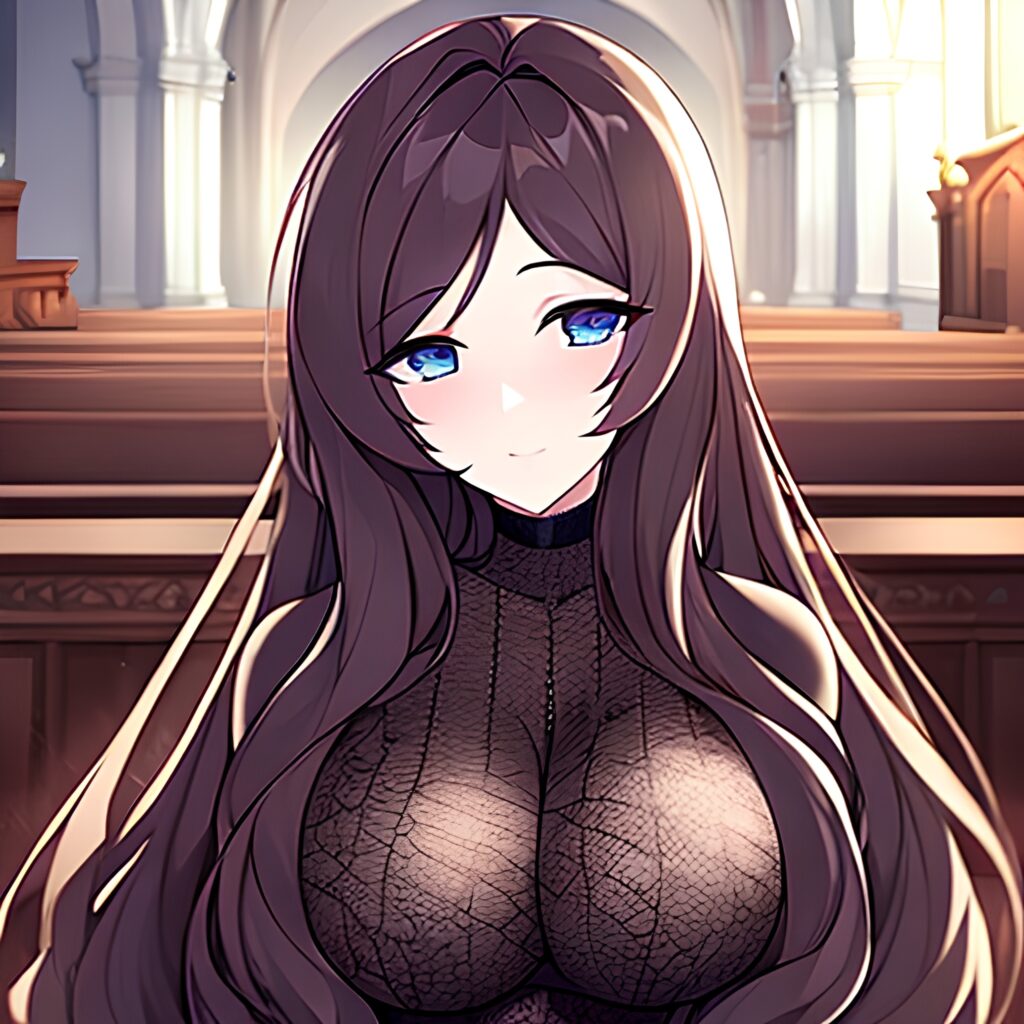 fishnet woman church brunette messy hair long hair 