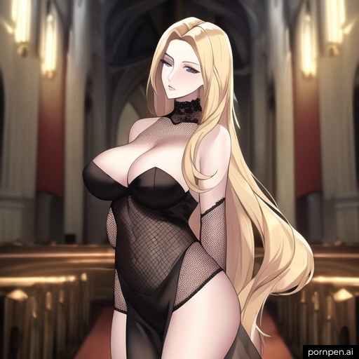 fishnet woman church front view nude small boobs long hair blonde 