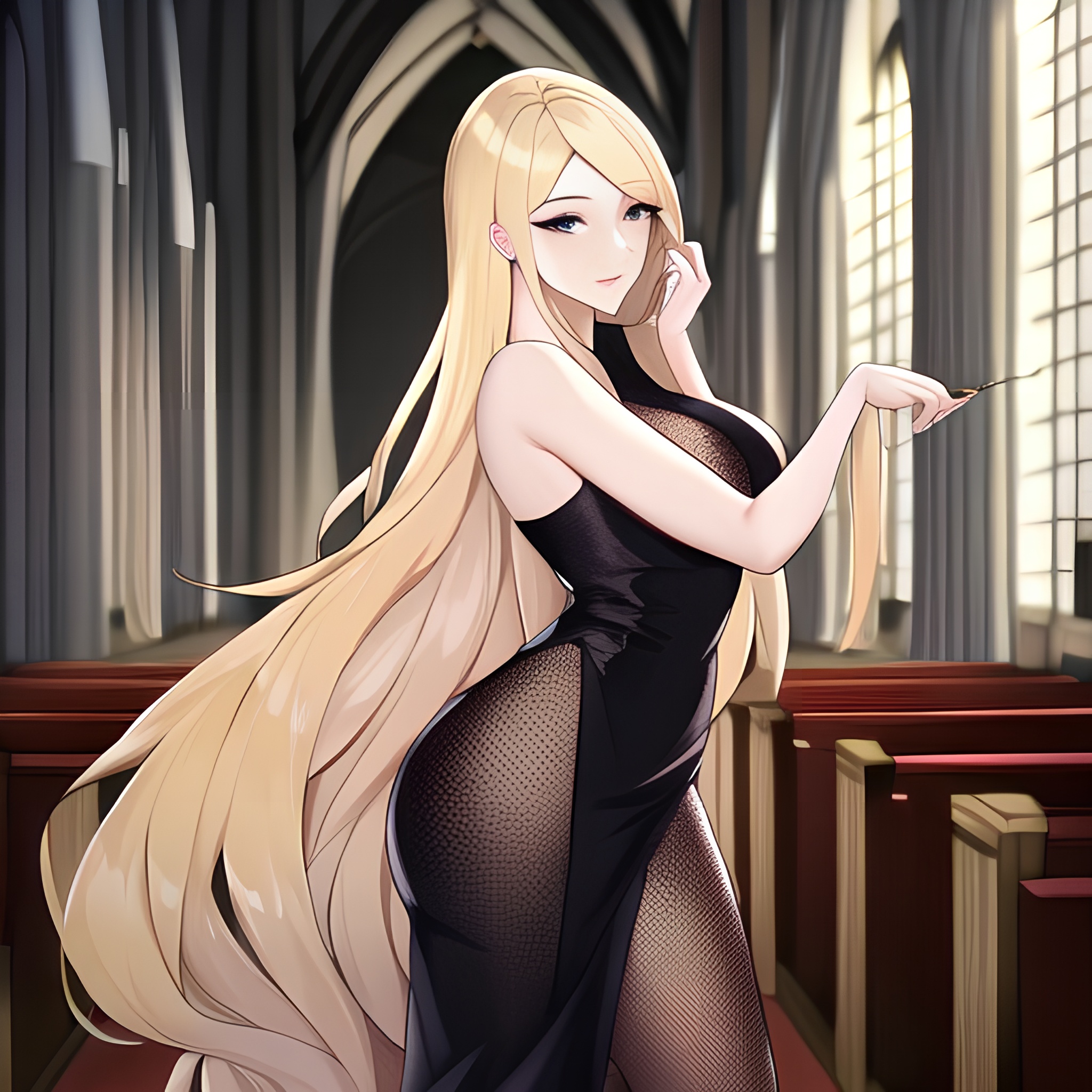 fishnet woman church long hair blonde 