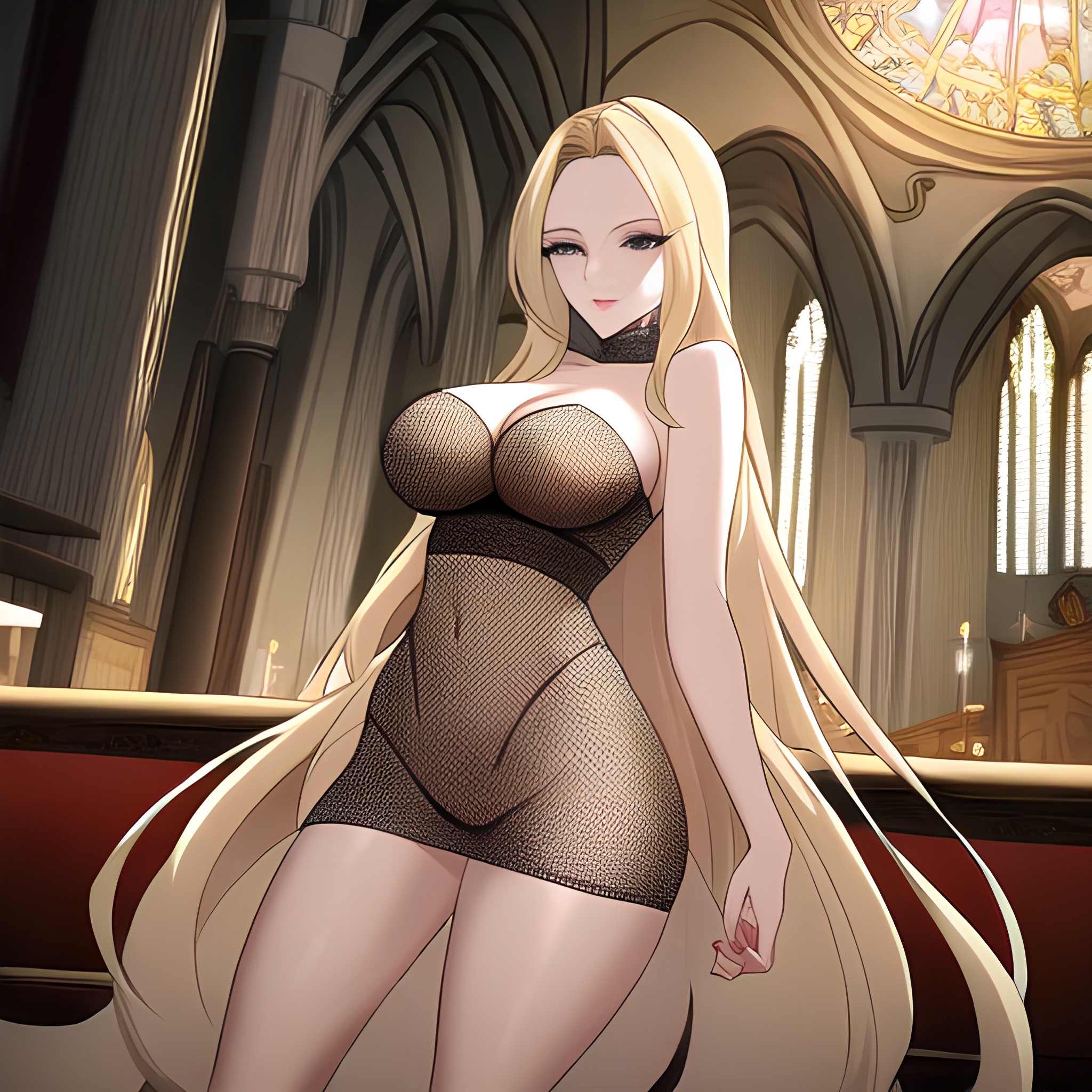 fishnet woman church long hair blonde