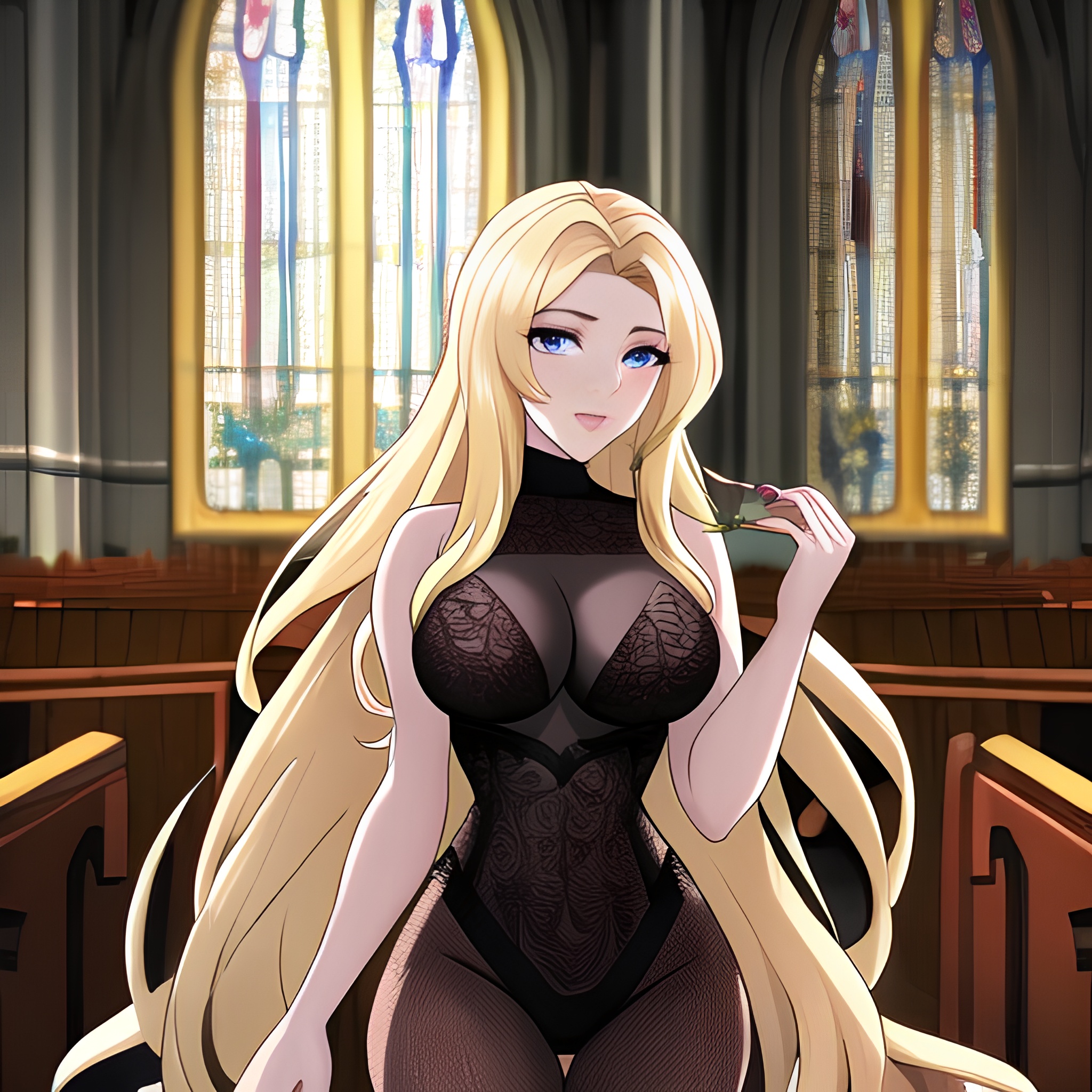 fishnet woman church long hair blonde 