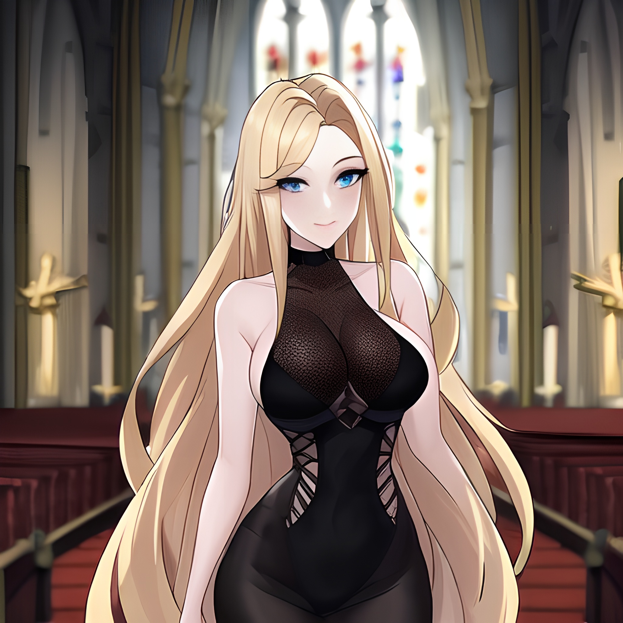 fishnet woman church long hair blonde 