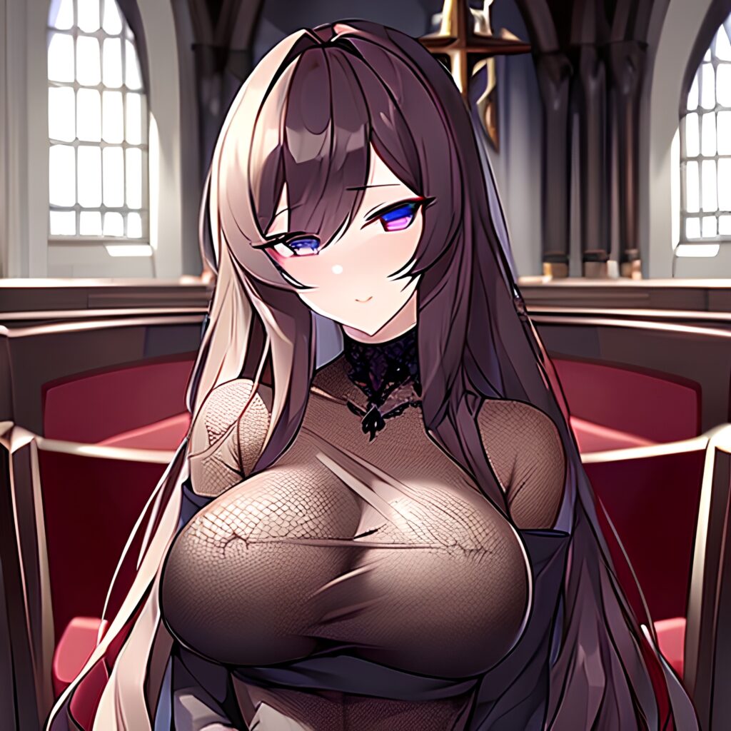 fishnet woman church long hair brunette messy hair 