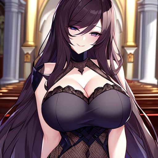 fishnet woman church long hair brunette messy hair 