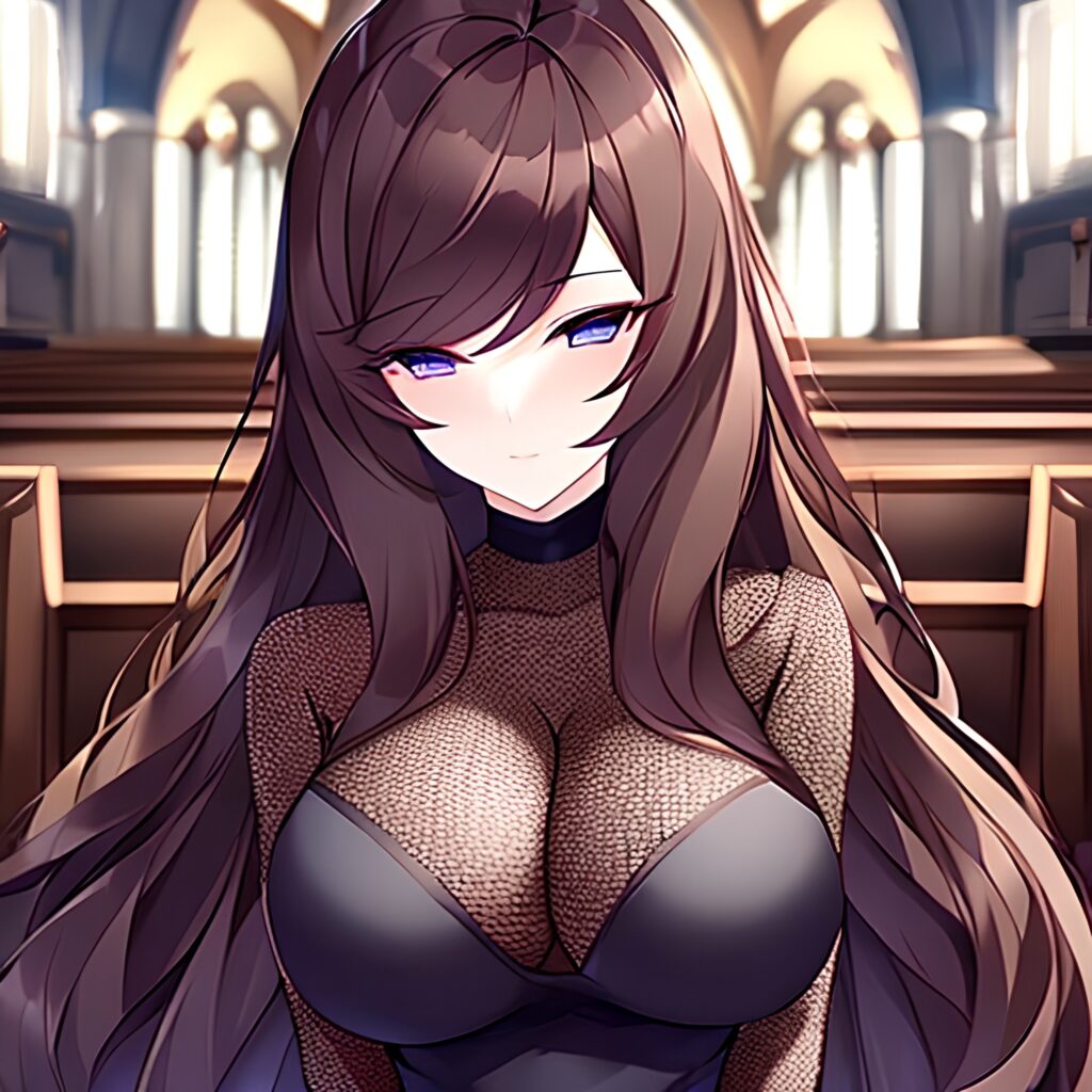 fishnet woman church long hair brunette messy hair 