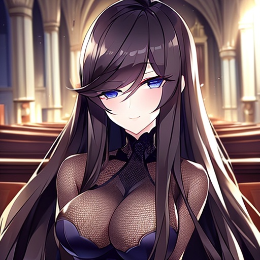 fishnet woman church long hair messy hair brunette 