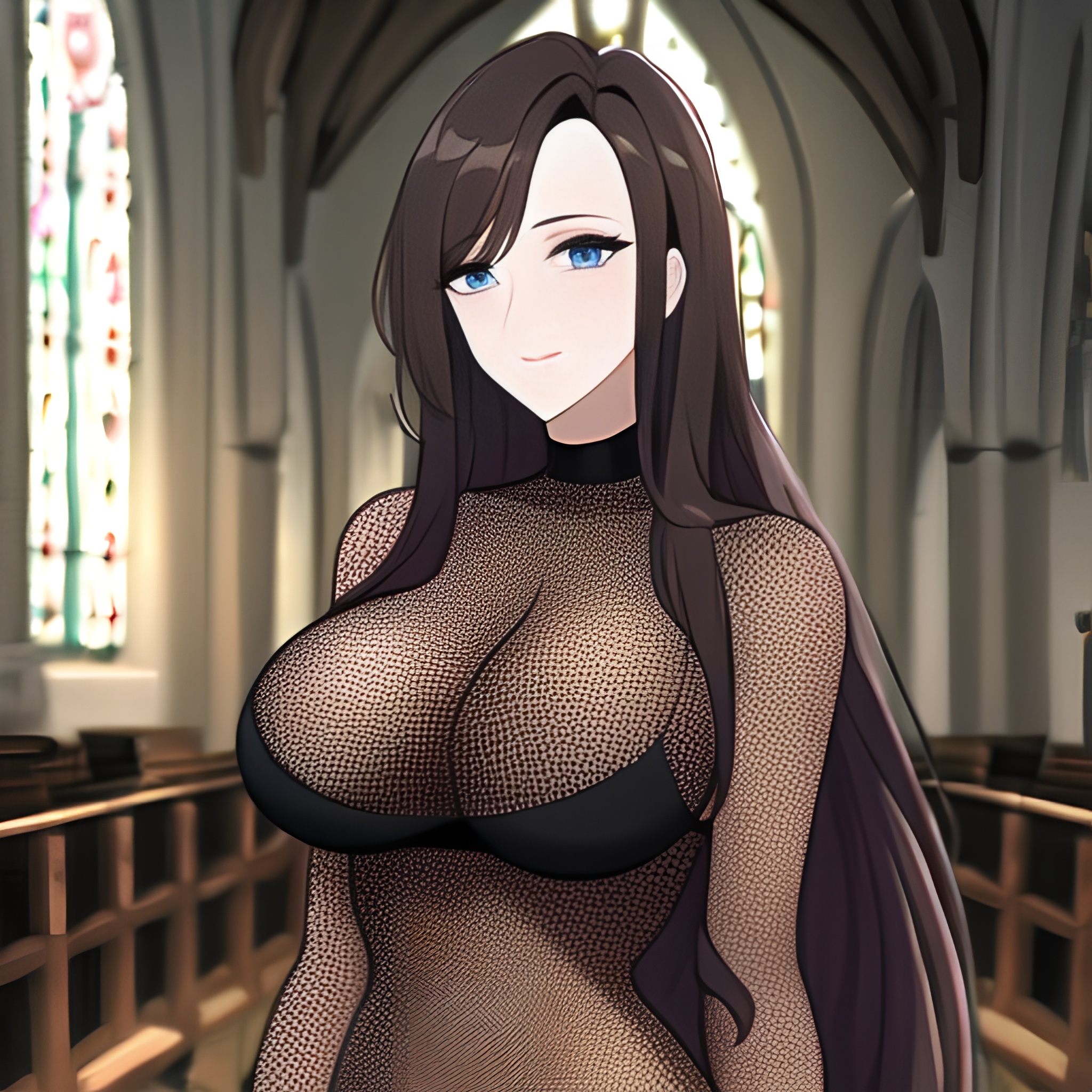 fishnet woman church long hair messy hair brunette 