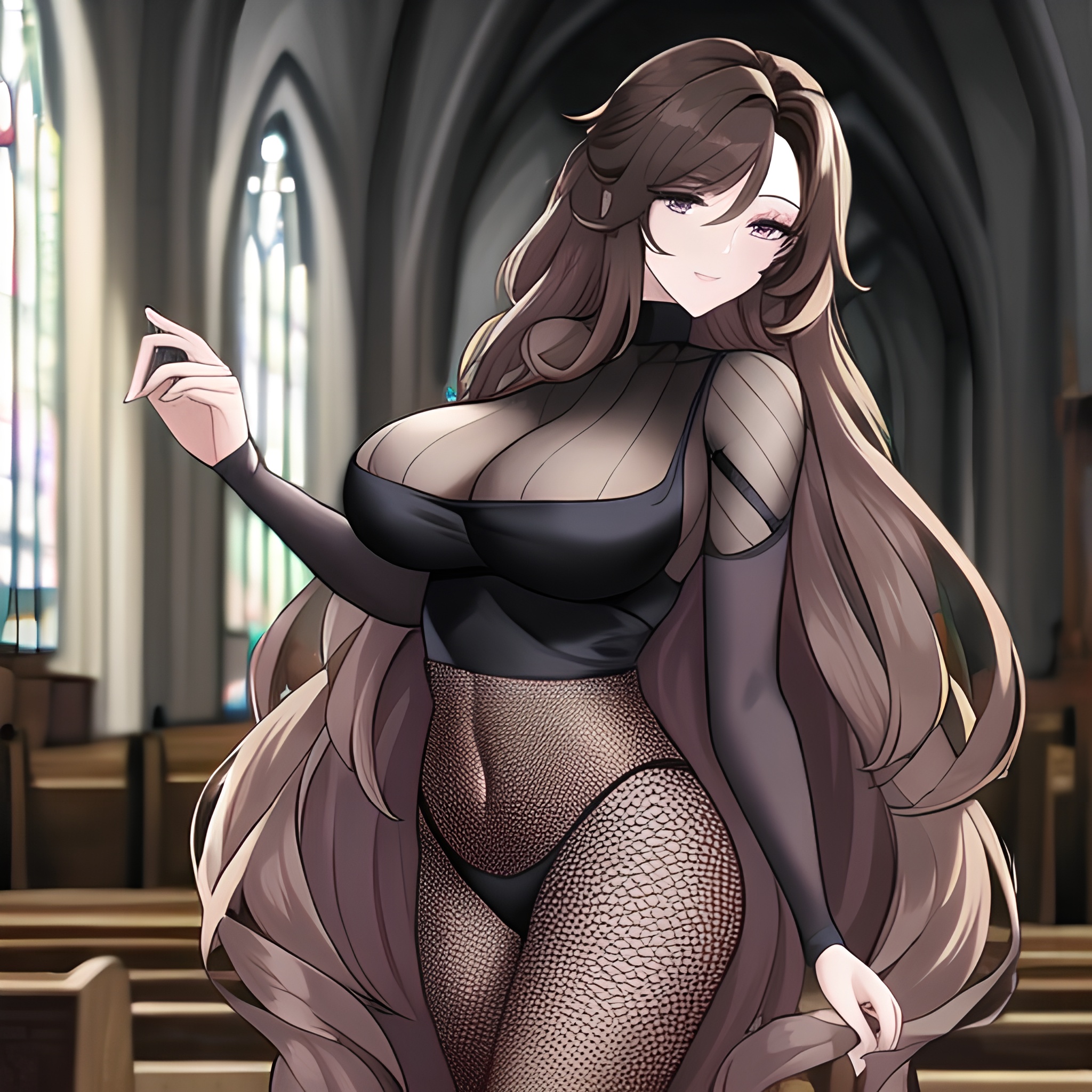 fishnet woman church messy hair brunette long hair 