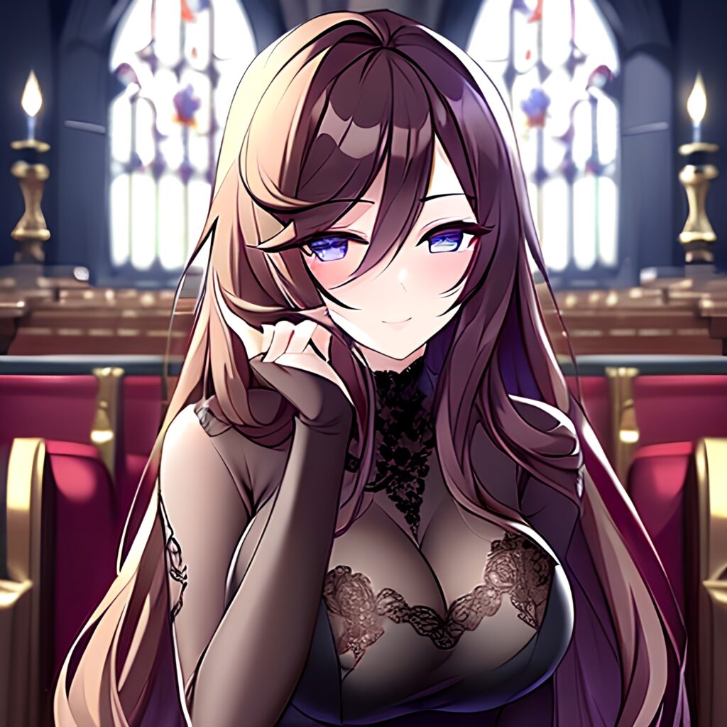 fishnet woman church messy hair brunette long hair 