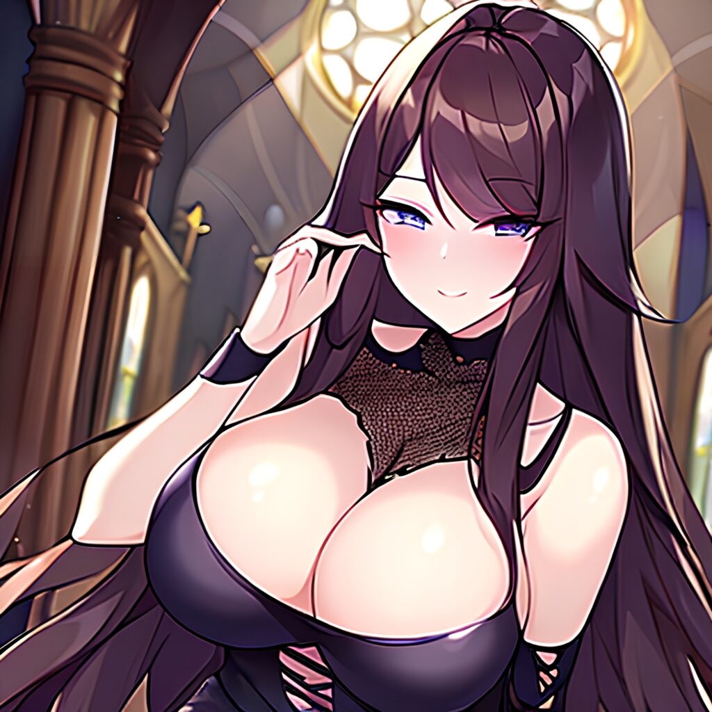 fishnet woman church messy hair long hair brunette 