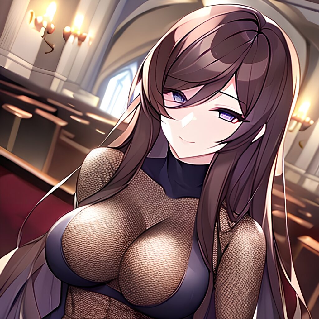 fishnet woman church messy hair long hair brunette 