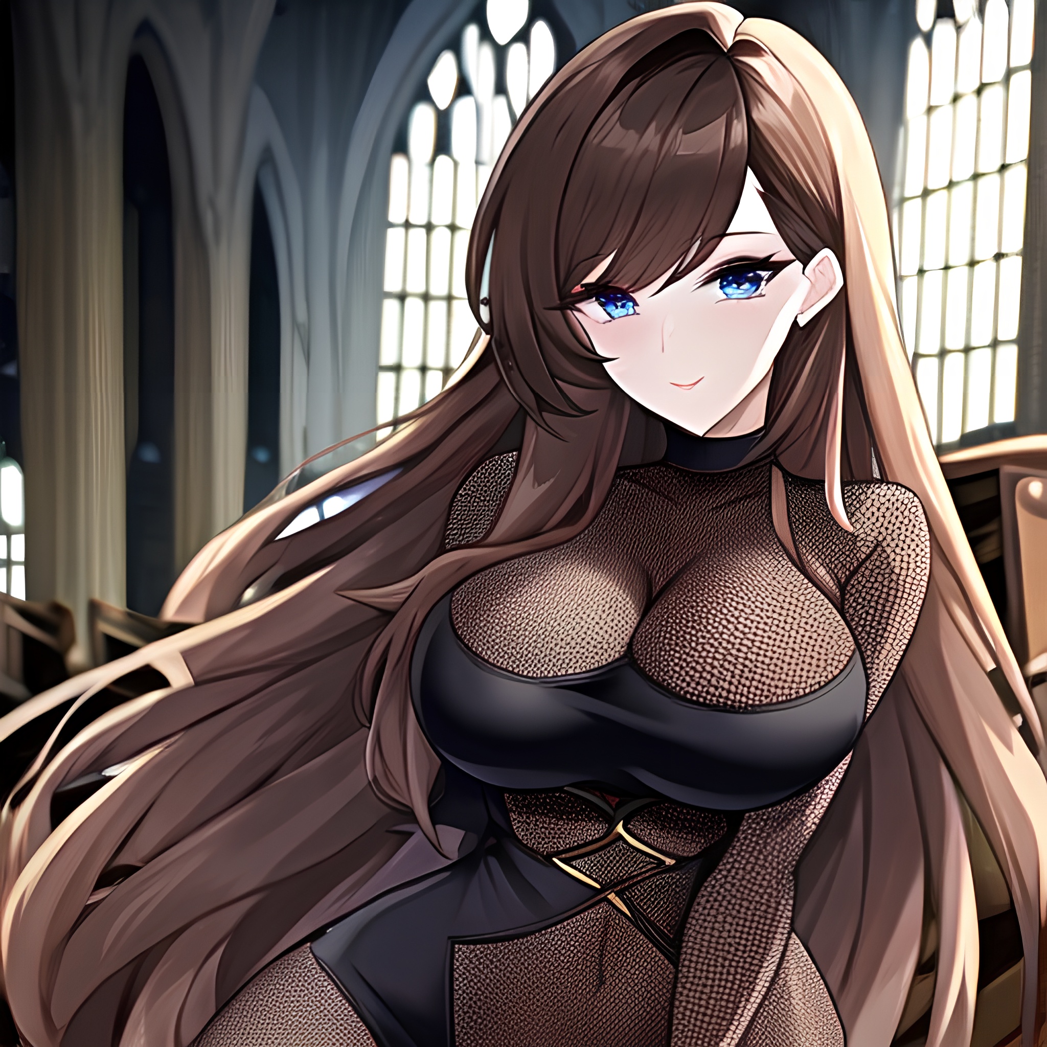 fishnet woman church messy hair long hair brunette 