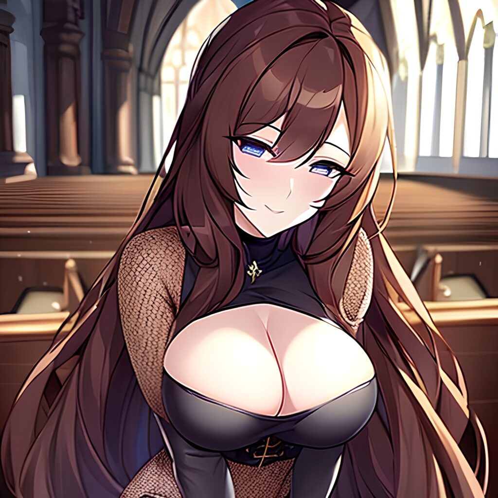 fishnet woman church messy hair long hair brunette 