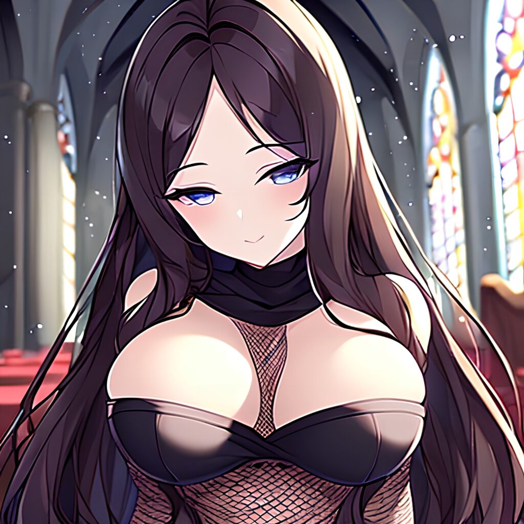 fishnet woman church messy hair long hair brunette