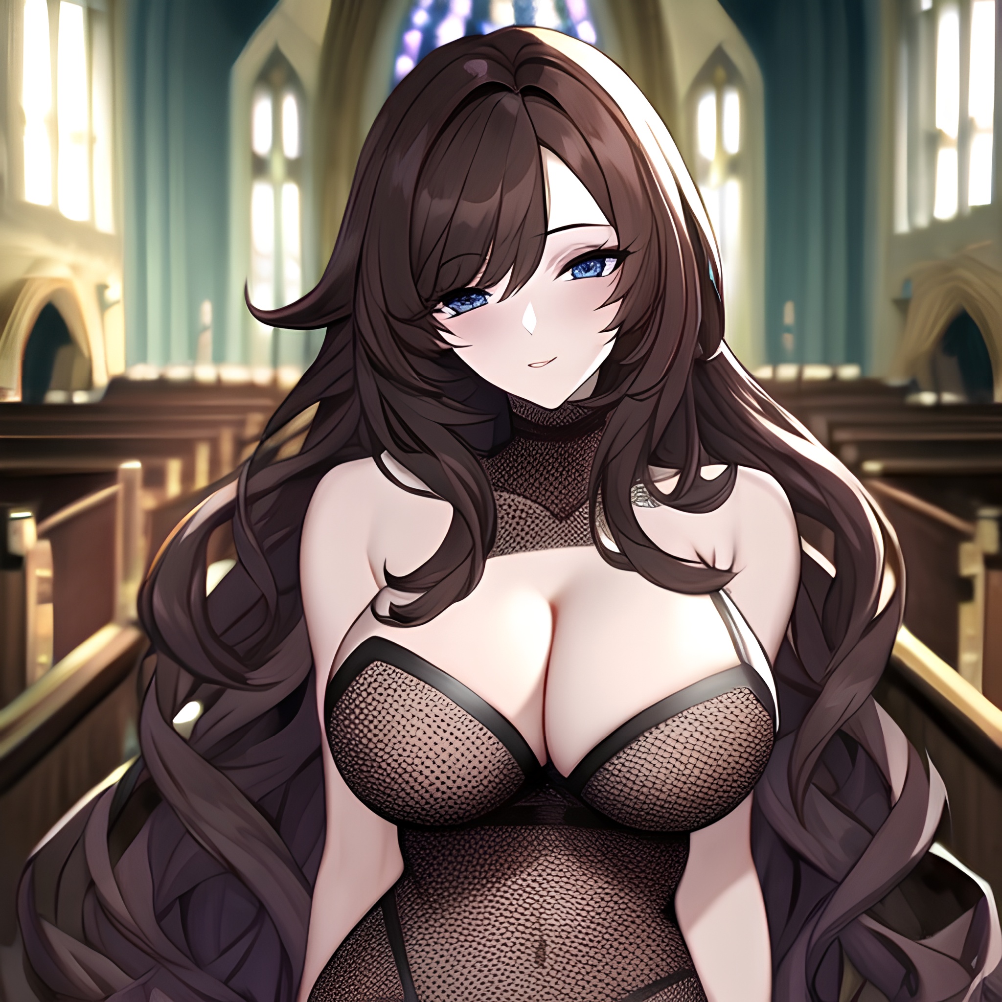 fishnet woman church messy hair long hair brunette 