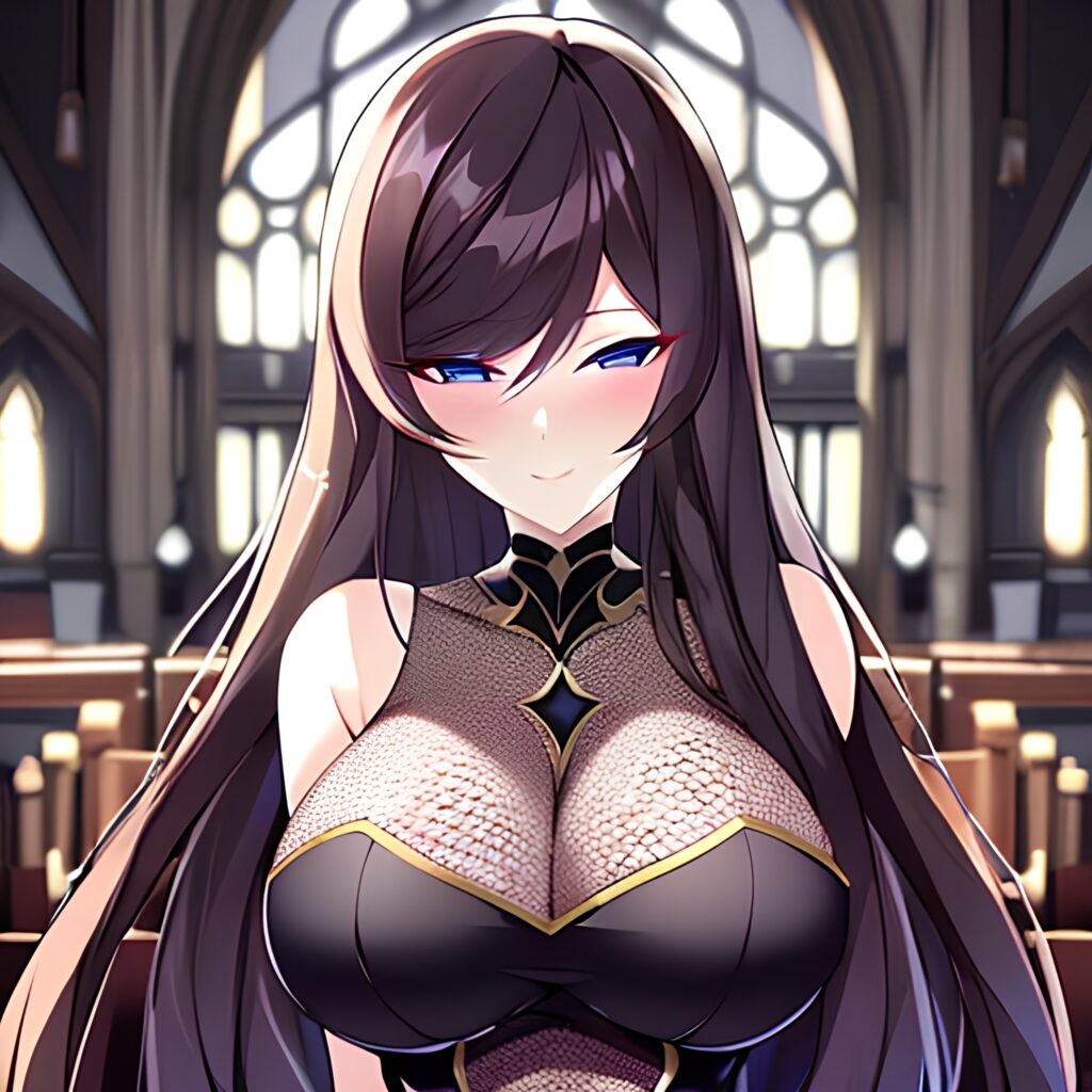 fishnet woman church messy hair long hair brunette 