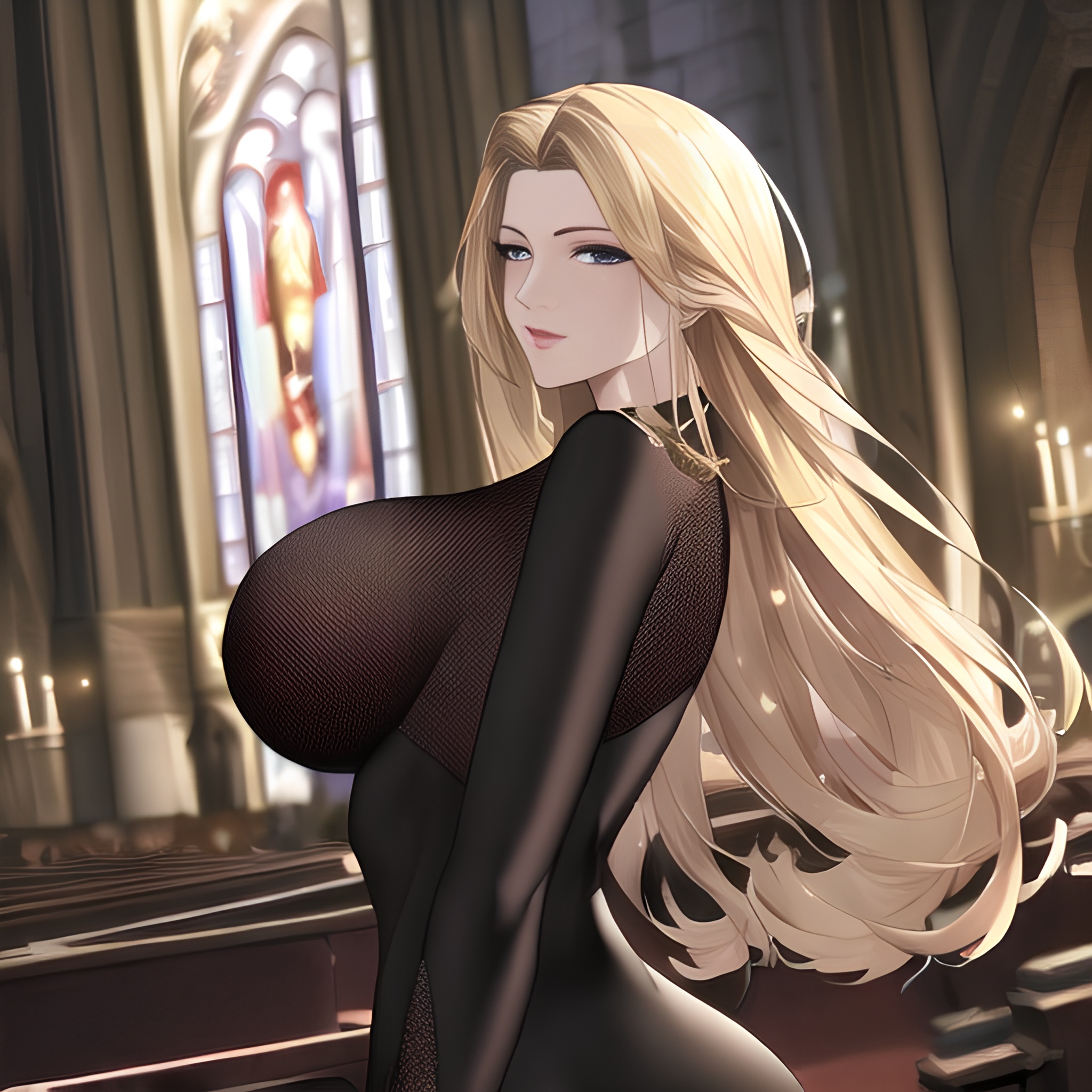 fishnet woman church small boobs blonde nude front view long hair 